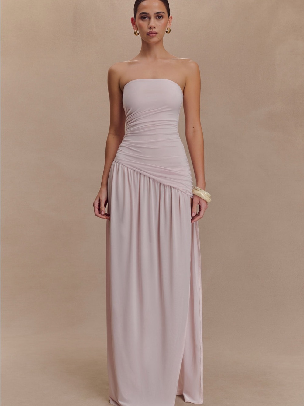 NWT Meshki Bex Strapless Slinky Maxi Dress With Split - Pale Pink
